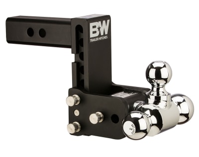 The B&W TS10048B Tow & Stow trailer hitch ball mount is an adjustable, tri-ball mount designed for a 2-inch receiver. It features three non-removable, rust-resistant chrome balls and can be stowed underneath your vehicle when not in use.
