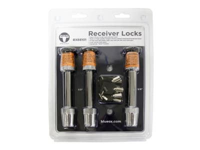 The Blue Ox BX88101 3-Lock Kit is a keyed-alike set of receiver and baseplate locks designed to secure a Blue Ox tow bar to both the towed vehicle and the RV's hitch receiver. The set includes two smaller locks for the tow bar-to-baseplate connection.