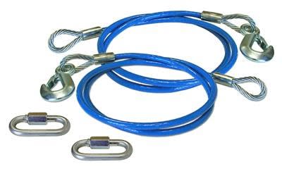 The Roadmaster Inc. 645 Straight Safety Cables are a pair of 64-inch safety cables with single hooks designed for connecting a towed vehicle to a motorhome or other tow vehicle. They are constructed from aircraft-type, galvanized steel.