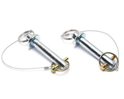 The Roadmaster Base Pins with Cable, model number 910029, are replacement pins used to secure your Roadmaster tow bar to a base plate or quick-disconnect bracket. The set includes two large base pins with cables and attached linch pins.