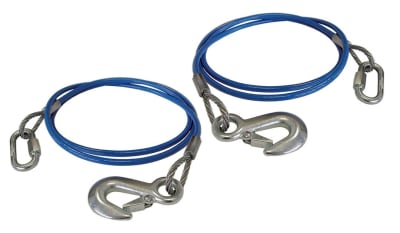 The Roadmaster Towing Safety Cable 2PK, part number 645-76, is a pair of 76-inch, vinyl-coated, straight safety cables made of aircraft-grade steel, with a 6,000-pound capacity each.