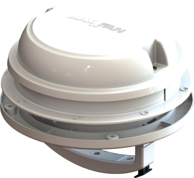 The MAXXFAN Dome Round RV Roof Vent Fan 00-03812W is a compact, 6-inch 12-volt exhaust-only fan designed for ventilating small areas like RV bathrooms, showers, or smaller cargo spaces. It can be installed on either a rooftop or sidewall.