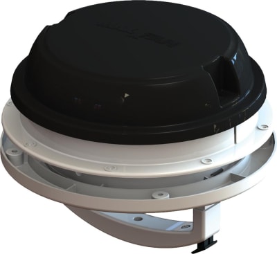 The MAXXFAN Dome Round RV Vent Fan (model 00-03812B) is a 6-inch, 12-volt exhaust-only fan designed for ventilating small areas in an RV, such as bathrooms and showers. It is designed for installation on rooftops or sidewalls.
