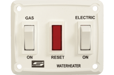 The Suburban Water Heater Interior Power Switch (part number 232882) is a white wall-mounted switch for Suburban gas-electric water heaters, specifically for DEL models.