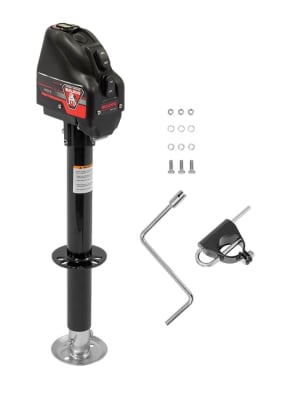 The Bulldog Powered Drive A-Frame Tongue Jack, black, 4,000 lbs (part #500199) is an electric trailer jack designed to make lifting and leveling A-frame trailers easier. It features a spring-loaded drop-leg for quick height adjustments, LED Light.