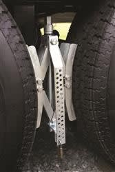 The Camco Eaz-Lift Heavy Duty Metal Locking Wheel Stop (44662) is a wheel chock designed to prevent tandem-tire shift on RVs and trailers. It works by clamping between the wheels to keep them stable while parked or unhitched.