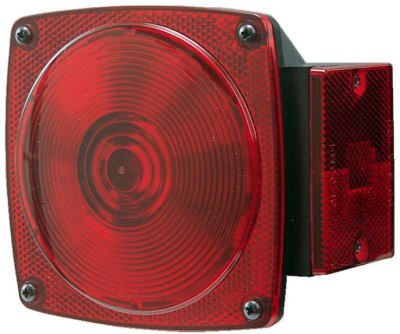 The Peterson Manufacturing V440 Combination Stop and Tail Light is a square, incandescent light designed for trailers under 80 inches wide. It serves multiple functions, including stop, turn, tail, rear reflex, side marker, and side reflex.