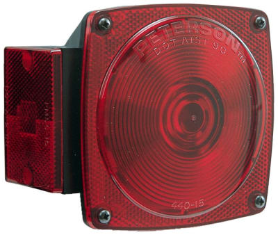 The V440L is an incandescent, square combination stop/turn/tail light made by Peterson Manufacturing for trailers less than 80 inches wide. It is a left-side (roadside) light with a built-in license plate illuminator.