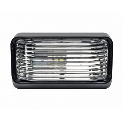 The Arcon 20676 LED Porch Light, a 12-volt, rectangular light designed primarily for RVs. It features a black base and a clear snap-in lens.