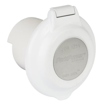 The Marinco 304EL-BRV 30 Amp 125 Volt Contour Power Inlet in white. It is designed for use in RVs and marine applications to replace or upgrade shore power connections.