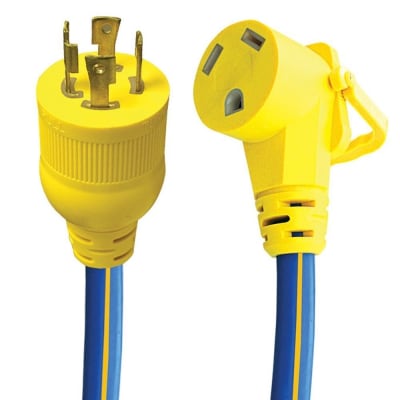 The AP Products 16-00526 is a 30-amp generator electrical adapter designed to connect an RV power inlet to a generator power source. Adapts a 30A 4-Prong Locking Generator Plug Male - NEMA L14-30P to a 30A Standard RV Receptacle Female - NEMA TT-30R.