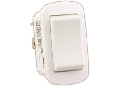 the JR Products 13995 Multi-Purpose Momentary On/Off Momentary-On Reversing Switch. It is a white, double-pole, double-throw (DPDT) rocker switch that is commonly used for reversing the polarity of a 12V DC motor.