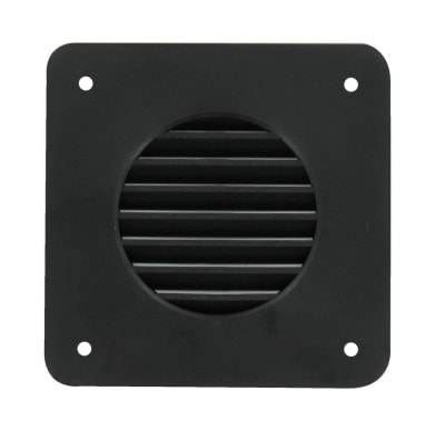 The A10-3300BK is the Valterra Battery Box Louver in black, a square, plastic louvered vent cover for RV battery boxes. It directs fumes from the battery box safely outside the RV.