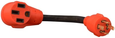 The Valterra Mighty Cord A10-G30450VP Generator Adapter Cord. It is a dog-bone style adapter used to connect a 30-amp generator to a 50-amp RV. The adapter features a 4-prong twist-lock male plug for the generator and a 50-amp female receptacle.
