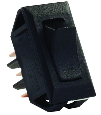 The JR Products 12625 is a black, single-pole double-throw (SPDT) rocker switch with an on/on configuration, suitable for 12-volt applications, commonly used in RVs and for general lighting/appliance control. It has a 10 Amp rating at 14 VDC.
