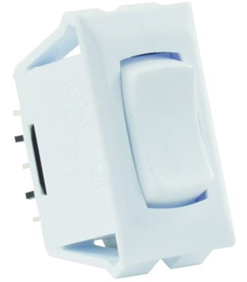 The JR Products 12695 White SPDT Momentary-On/Off/Momentary-On Switch, which is commonly used for RV and marine applications.