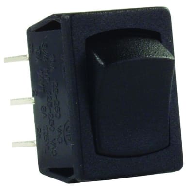 The MINI 12 VOLT ROCKER SWITCH ON/ON BLACK, model 12805 is a double pole, double throw (DPDT) switch manufactured by JR Products. It is widely available from various online retailers specializing in RV and automotive parts.