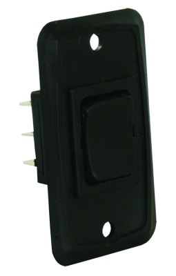 The JR Products 12825 Heavy Duty 12V Momentary-On/Off/Momentary-On Switch in black. It is a double pole, double throw (DPDT) rocker switch used in various 12-volt applications, such as RV slide-outs.