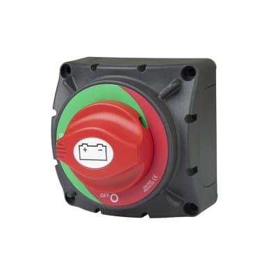 The Marinco 720RV Heavy Duty Battery Disconnect Switch is a manual, key-type on/off switch rated for a 600 Amp continuous load, suitable for use in RVs and marine applications.