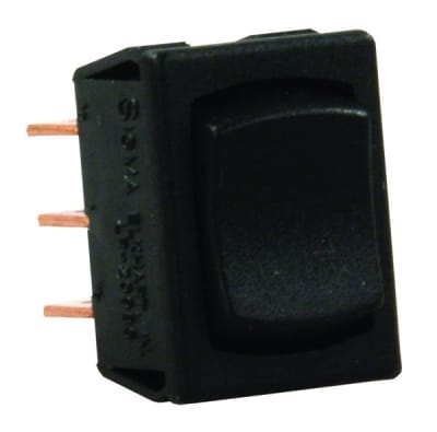 The JR Products 13725 Mini Mom-On/Off/Mom-On Switch in black, a single pole double throw (SPDT) switch suitable for 12V applications and more. It can be purchased from various online retailers specializing in RV and trailer parts.
