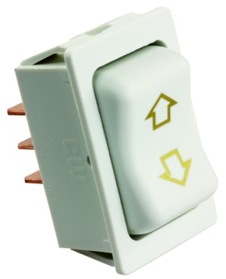 The JR Products 12385 Slide Out Switch, which is a momentary, 4-pin, white switch typically used in RV applications. It features a "Mom-On / Off / Mom-On" function and is rated for 12 Volt DC and 40 Amp continuous power.