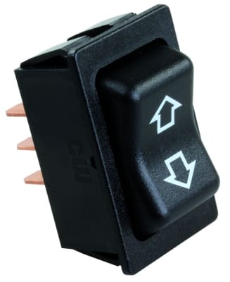 The JR Products 12395 slide out momentary switch, a 4-pin black switch typically used for RV slide-out rooms. It features a "Mom-On / Off / Mom-On" function and has a 12V 40 Amp continuous rating.