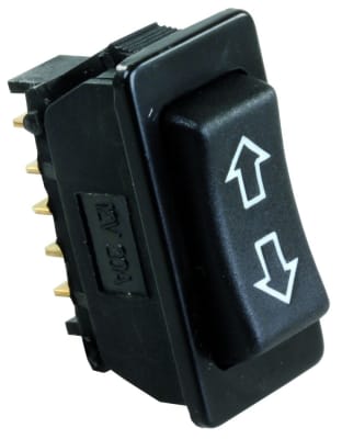 The JR Products 13955 RV Rocker Switch is a 12-volt, 3-position momentary switch with 5 blade terminals, designed for use with RV recliners, sofas, and beds. It has a 20 Amp current rating and is not for use with high-amperage motors like slide-out rooms.