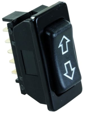 The JR Products 13925 Black 12V Furniture Switch, a 5-pin, momentary-on/off/momentary-on rocker switch designed for RV electric recliners, sofas, beds, and couches.
