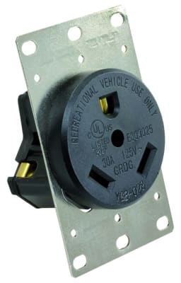 The JR Products 30 Amp Receptacle with Mounting Plate 15075. This is an outdoor, surface-mount electrical receptacle primarily designed for recreational vehicles (RVs).