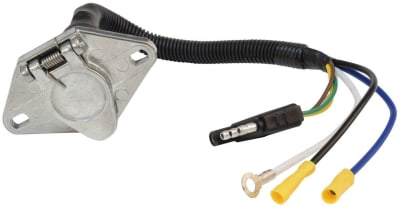 The Valterra A10-6034VP is a 12-inch trailer wiring harness adapter designed to convert a vehicle's 6-way round pin connector to a trailer's 4-way flat connector.