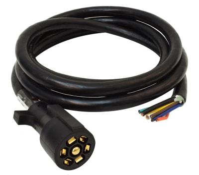 The Valterra A10-7W8 Mighty Cord 7-Way Trailer Wiring Cord (8 Feet) is a trailer-side wiring harness featuring a 7-way blade-style connector on one end and bare, color-coded wires on the other for hardwiring into a trailer's electrical system.