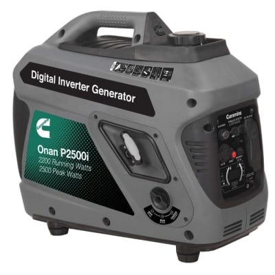 The Cummins Onan P2500i portable inverter generator offers 2,500 peak watts and 2,200 running watts of clean, stable power that is safe for sensitive electronics. It is lightweight, quiet, and parallel capable.