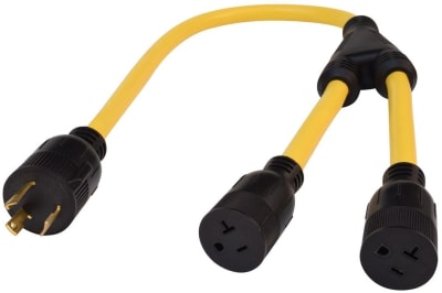 The Valterra A10-G3020Y is a heavy-duty generator Y-adapter cord designed to convert a single 30 amp, 3-prong generator outlet into two 15/20 amp household-style outlets. This adapter is commonly used for RV and marine applications.