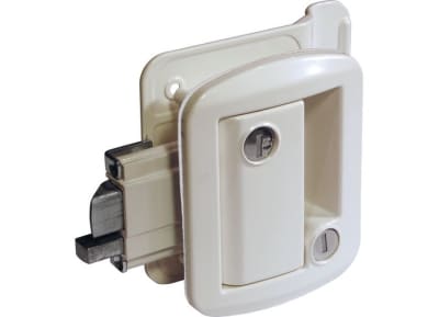 The AP Products 013-571 travel trailer entry door latch lock assembly in white is widely available for online purchase from several specialized RV parts retailers. It is a direct metal replacement for major RV door lock brands and includes keys.