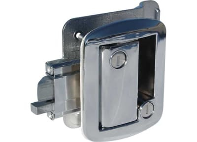 The AP Products 013-572 Chrome Global Travel Trailer Entry Door Latch Lock Assembly is a metal lock assembly with a paddle handle and deadbolt, designed to replace most travel trailer and 5th wheel entrance locks. It features a chrome finish.