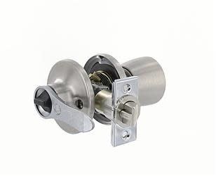 The Valterra L32CS000 camper trailer entry door lock is a knob and lever style lockset with a stainless steel finish.