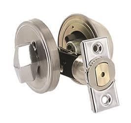 The Valterra L32CS3008 RV entry door deadbolt lock is a single-cylinder, stainless steel lock that fits RV doors between 1-3/8" and 1-3/4" thick. It can be installed using either the standard strike plate or a drive-in method.