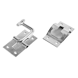 The RV Designer E273 90 Degree Zinc Entry Door Holder is a T-style catch made of zinc material, designed to hold an RV's entry door open at a 90-degree angle. Fasteners are typically included for easy installation.