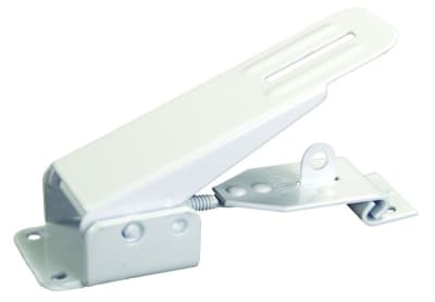 The JR Products 10845 Fold Down Camper Latch and Catch in white is a direct replacement part made of powder-coated steel, designed to secure the lid of your pop-up camper during travel or storage.