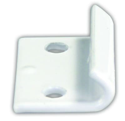 The JR Products 10855 Fold Down Camper Catch in white is a direct replacement part used to secure pop-up campers during travel or storage.