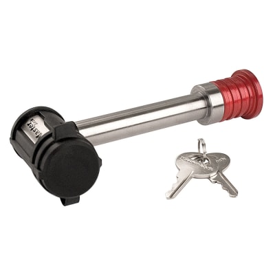 The Master Lock No. 1469DAT is an extended length, 5/8-inch diameter, stainless steel barbell-style receiver lock with a 3.5-inch usable length, designed for heavy-duty tow packages on select trucks. It is rated for Class III/IV hitches with a 10,000.