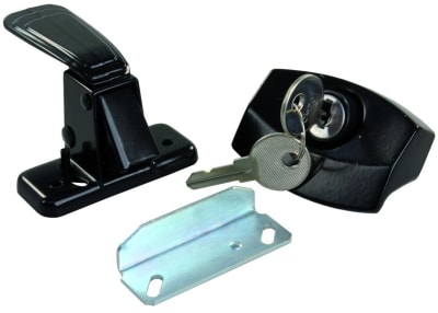 The JR Products 11675 is used for tent trailers or pop up camper door latch, is a universal, locking door latch made of black die-cast steel.
