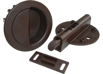 The JR Products 70315 Shur-latch is a round, surface-mount latch designed primarily for RV cabinets and doors to keep them closed during motion.