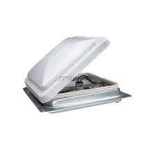 The Heng's V771402-C1G1 is a 14-inch by 14-inch replacement roof vent with a 12V fan and a white manual lid. It features a powder-coated metal base and is designed for RV use, fitting universal rough openings.