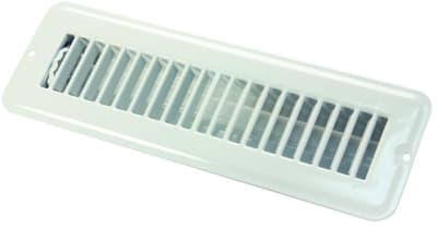 The JR Products 02-28905 Dampered Floor Register is a 2 x 10 inch white metal floor register designed as an original equipment manufacturer (OEM) replacement, particularly popular for RVs.