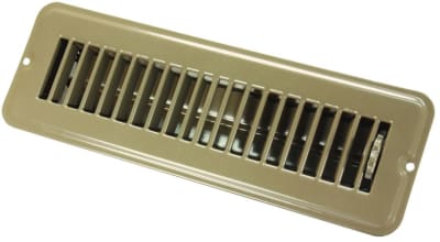 The JR Products 02-28915 dampered floor register, made of brown powder-coated steel and designed for a 2 x 10 inch duct opening. The overall top face dimensions are 3.75 inches wide by 11.5 inches long.
