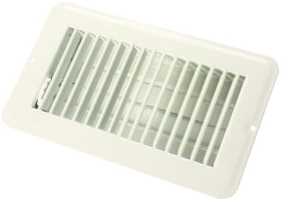 The JR Products 02-28965 is a 4 x 8 inch, white, metal floor register with a damper, commonly used as an OEM replacement in RVs and mobile homes. It is constructed of durable, powder-coated steel and features easy, one-hand damper.