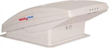The MAXXAIR (00-05301K) Maxxfan Deluxe RV Vent is an all-in-one RV ventilation system that includes a fan, vent, and a built-in rain shield, allowing use in any weather. It features a manual lift mechanism and four fan speeds.