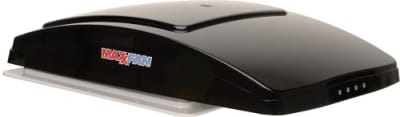 The Maxxair MaxxFan Deluxe (Model 00-06401K) is a 4-speed, manual-opening RV roof vent fan with a built-in rain shield, designed to fit standard 14"x14" roof openings.