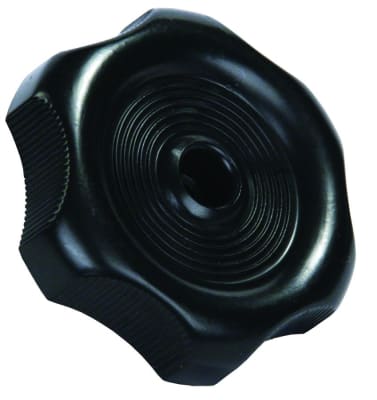 The JR Products 20365 Window Vent Knob Handle, a black plastic replacement part for RVs and trailers. It is designed as an original equipment manufacturer (OEM) replacement and fits most applications.